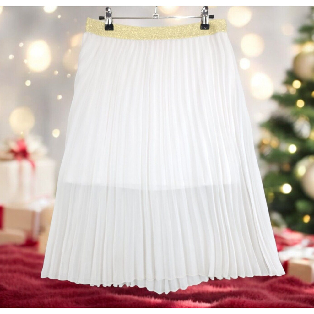 Candies Accordion‎ Pleated Sheer Lined White Skirt Metallic Gold Waist Women M